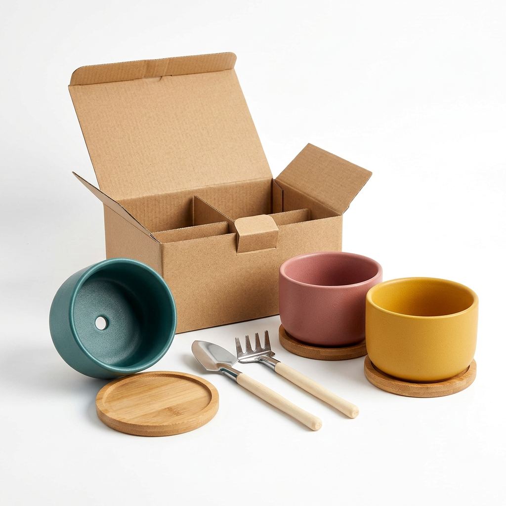 Colorful Desktop Succulent Planter Gift Set with Three Small Pots, Individual Bamboo Saucers & Mini Gardening Tools in Rose, Mustard & Teal