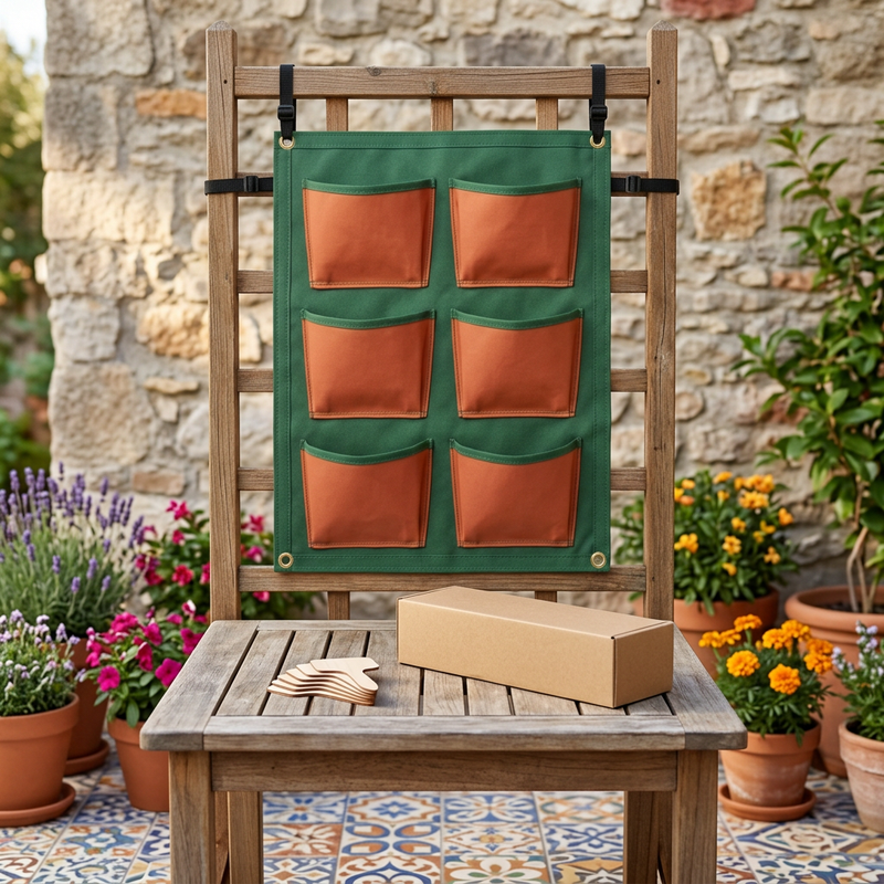 Six-Pocket Vertical Hanging Planter Set in Forest Green & Terracotta with Four Straps and Plant Markers for a Colorful Balcony Garden Project