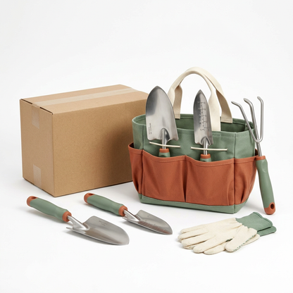 Sage & Terracotta Garden Starter Tool Set with Three Hand Tools, Gardening Gloves & Carry Tote for Balcony Planting and Everyday Pot Care