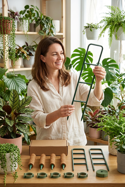 Climbing Houseplant Support Kit with Four Fiber-Wrapped Pole Sections, Two Ladder Trellises, Ten Plant Clips & Green Tie Roll for Gentle Vine Training