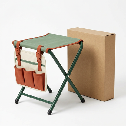 Folding Garden Stool with Detachable Three-Pocket Organizer, Sage Seat & Terracotta Details for a Thoughtfully Arranged Garden-Care Setup