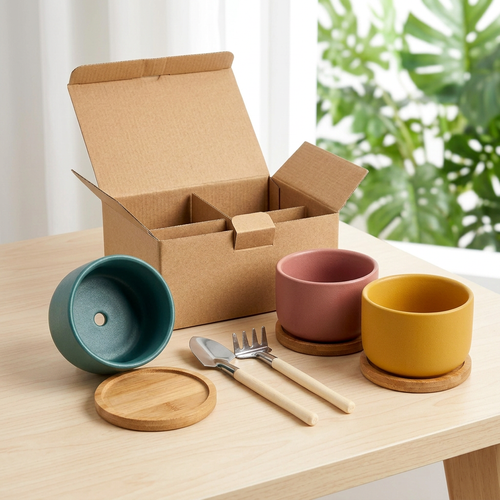 Colorful Desktop Succulent Planter Gift Set with Three Small Pots, Individual Bamboo Saucers & Mini Gardening Tools in Rose, Mustard & Teal