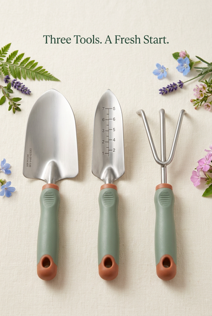 Sage & Terracotta Garden Starter Tool Set with Three Hand Tools, Gardening Gloves & Carry Tote for Balcony Planting and Everyday Pot Care