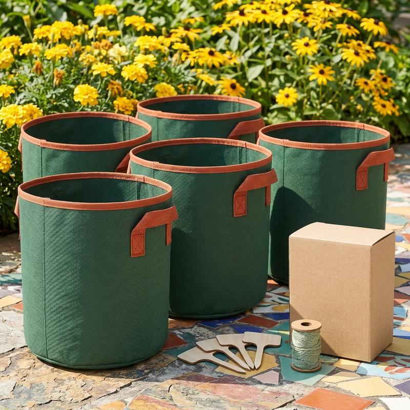 Five-Piece Vegetable Grow Bag Set in Forest Green & Terracotta with Side Handles, Five Plant Markers & Garden Tie Spool for Your Container Growing Plan