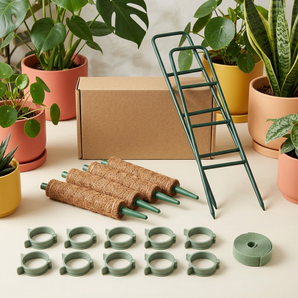 Climbing Houseplant Support Kit with Four Fiber-Wrapped Pole Sections, Two Ladder Trellises, Ten Plant Clips & Green Tie Roll for Gentle Vine Training