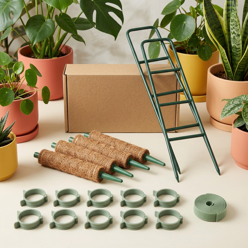 Climbing Houseplant Support Kit with Four Fiber-Wrapped Pole Sections, Two Ladder Trellises, Ten Plant Clips & Green Tie Roll for Gentle Vine Training