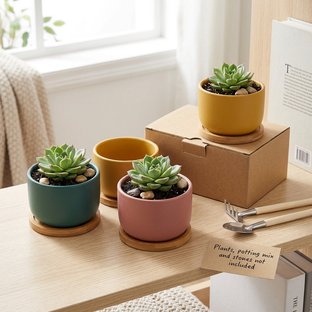 Colorful Desktop Succulent Planter Gift Set with Three Small Pots, Individual Bamboo Saucers & Mini Gardening Tools in Rose, Mustard & Teal