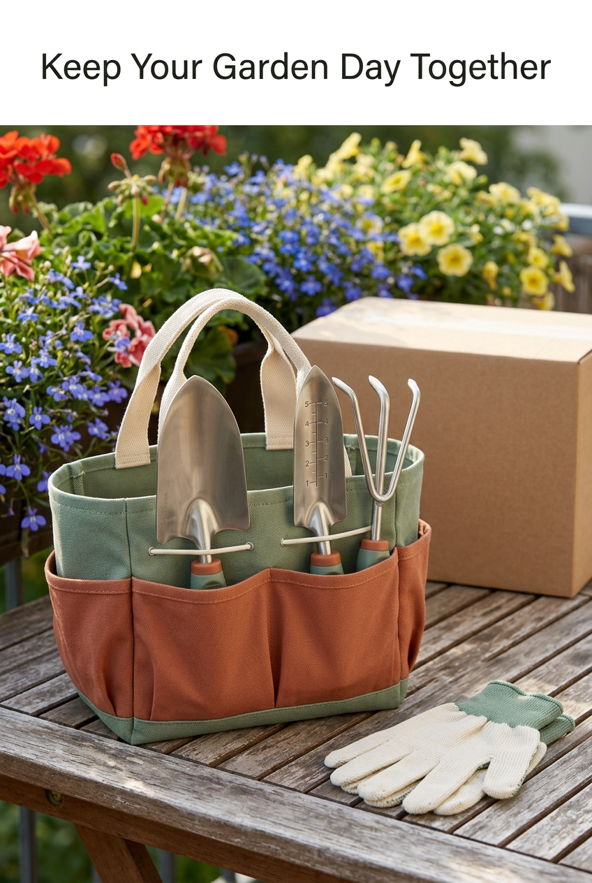 Sage & Terracotta Garden Starter Tool Set with Three Hand Tools, Gardening Gloves & Carry Tote for Balcony Planting and Everyday Pot Care
