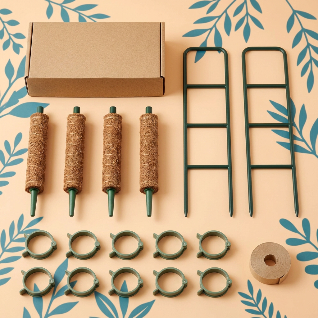 Climbing Houseplant Support Kit with Four Fiber-Wrapped Pole Sections, Two Ladder Trellises, Ten Plant Clips & Green Tie Roll for Gentle Vine Training