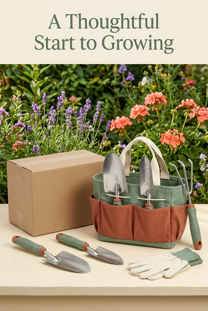 Sage & Terracotta Garden Starter Tool Set with Three Hand Tools, Gardening Gloves & Carry Tote for Balcony Planting and Everyday Pot Care