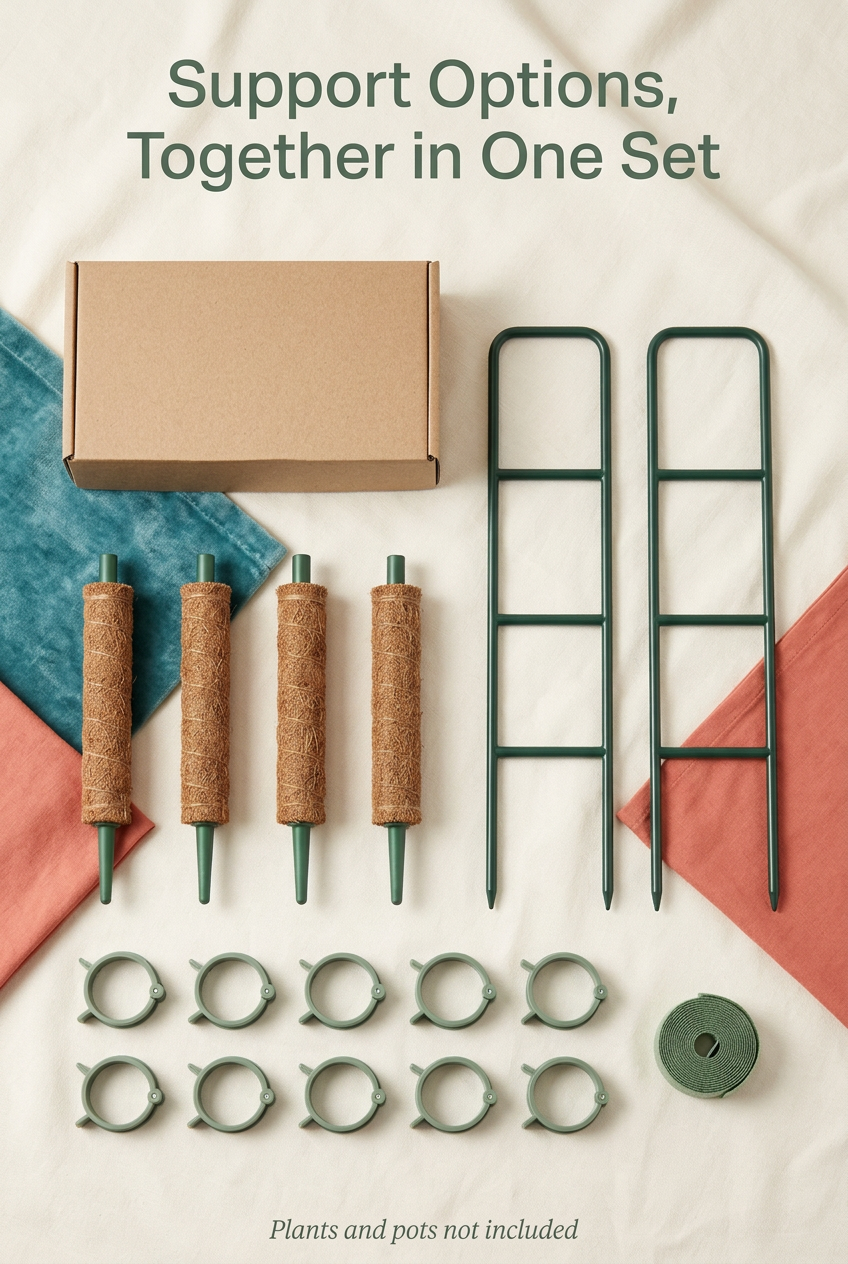 Climbing Houseplant Support Kit with Four Fiber-Wrapped Pole Sections, Two Ladder Trellises, Ten Plant Clips & Green Tie Roll for Gentle Vine Training