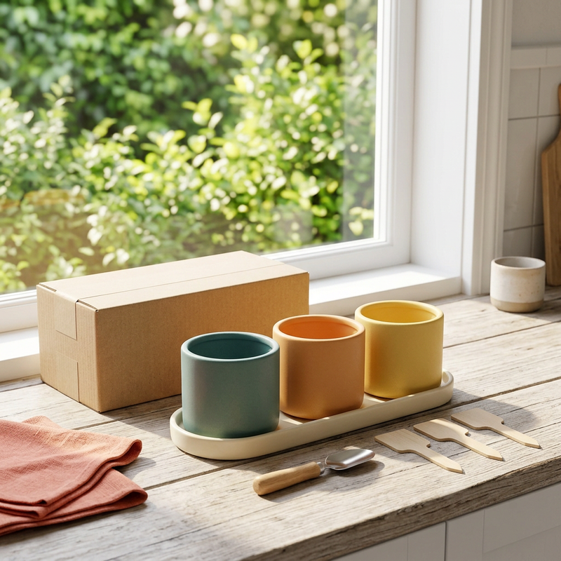 Kitchen Windowsill Herb Planter Starter Set with Three Colorful Pots, Matching Tray, Plant Markers & Mini Scoop for Your Own Little Growing Corner