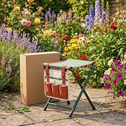 Folding Garden Stool with Detachable Three-Pocket Organizer, Sage Seat & Terracotta Details for a Thoughtfully Arranged Garden-Care Setup