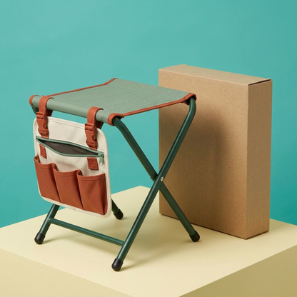 Folding Garden Stool with Detachable Three-Pocket Organizer, Sage Seat & Terracotta Details for a Thoughtfully Arranged Garden-Care Setup