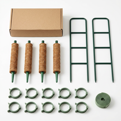 Climbing Houseplant Support Kit with Four Fiber-Wrapped Pole Sections, Two Ladder Trellises, Ten Plant Clips & Green Tie Roll for Gentle Vine Training