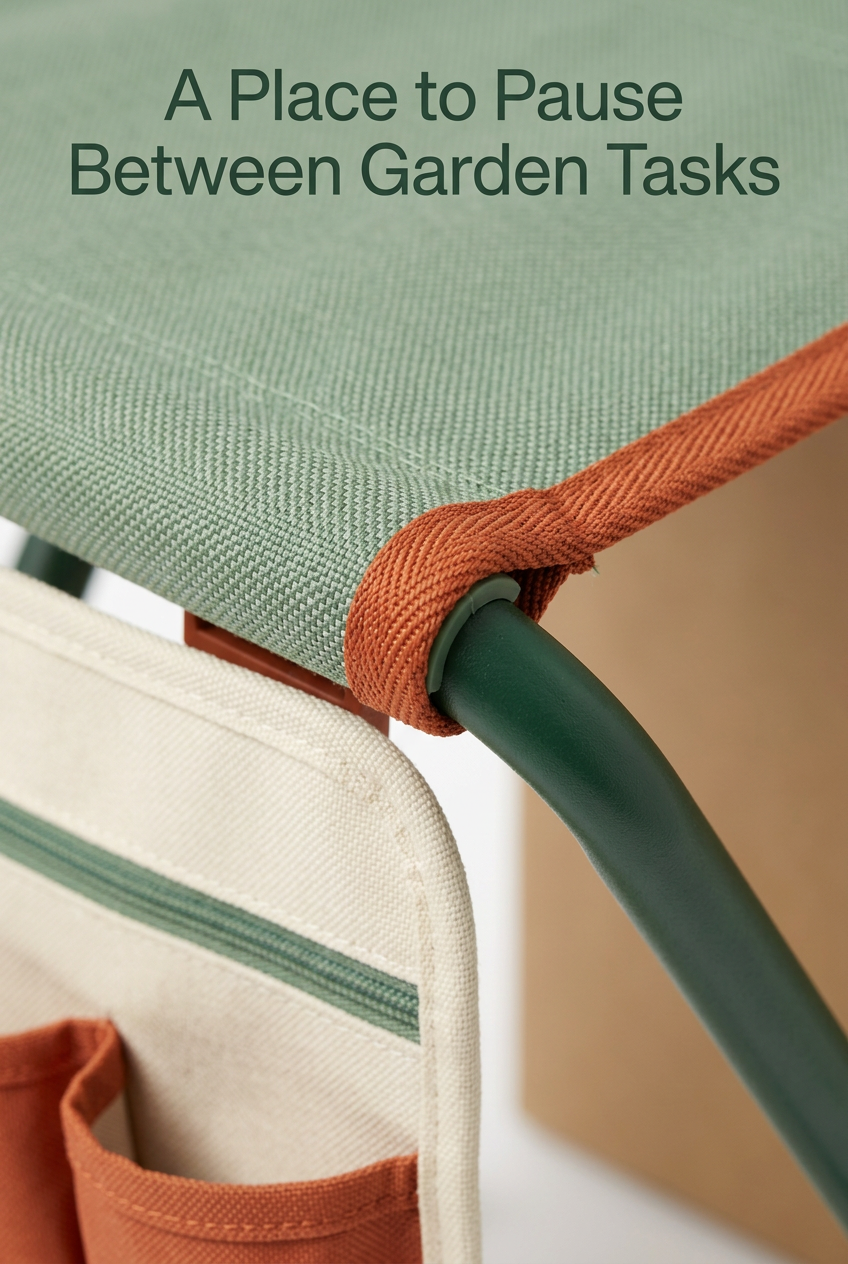 Folding Garden Stool with Detachable Three-Pocket Organizer, Sage Seat & Terracotta Details for a Thoughtfully Arranged Garden-Care Setup