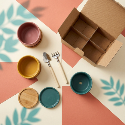 Colorful Desktop Succulent Planter Gift Set with Three Small Pots, Individual Bamboo Saucers & Mini Gardening Tools in Rose, Mustard & Teal