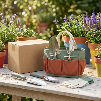 Sage & Terracotta Garden Starter Tool Set with Three Hand Tools, Gardening Gloves & Carry Tote for Balcony Planting and Everyday Pot Care