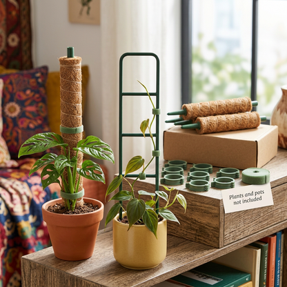 Climbing Houseplant Support Kit with Four Fiber-Wrapped Pole Sections, Two Ladder Trellises, Ten Plant Clips & Green Tie Roll for Gentle Vine Training