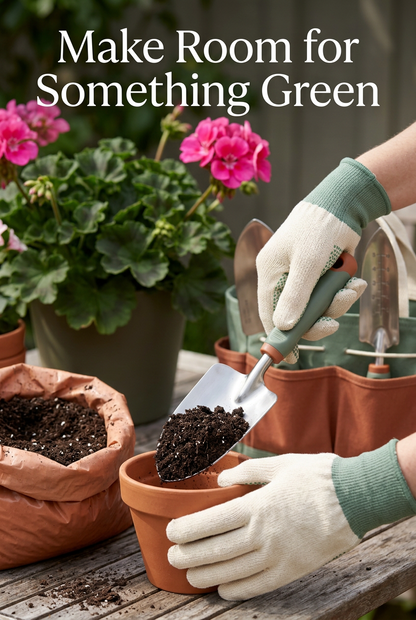 Sage & Terracotta Garden Starter Tool Set with Three Hand Tools, Gardening Gloves & Carry Tote for Balcony Planting and Everyday Pot Care