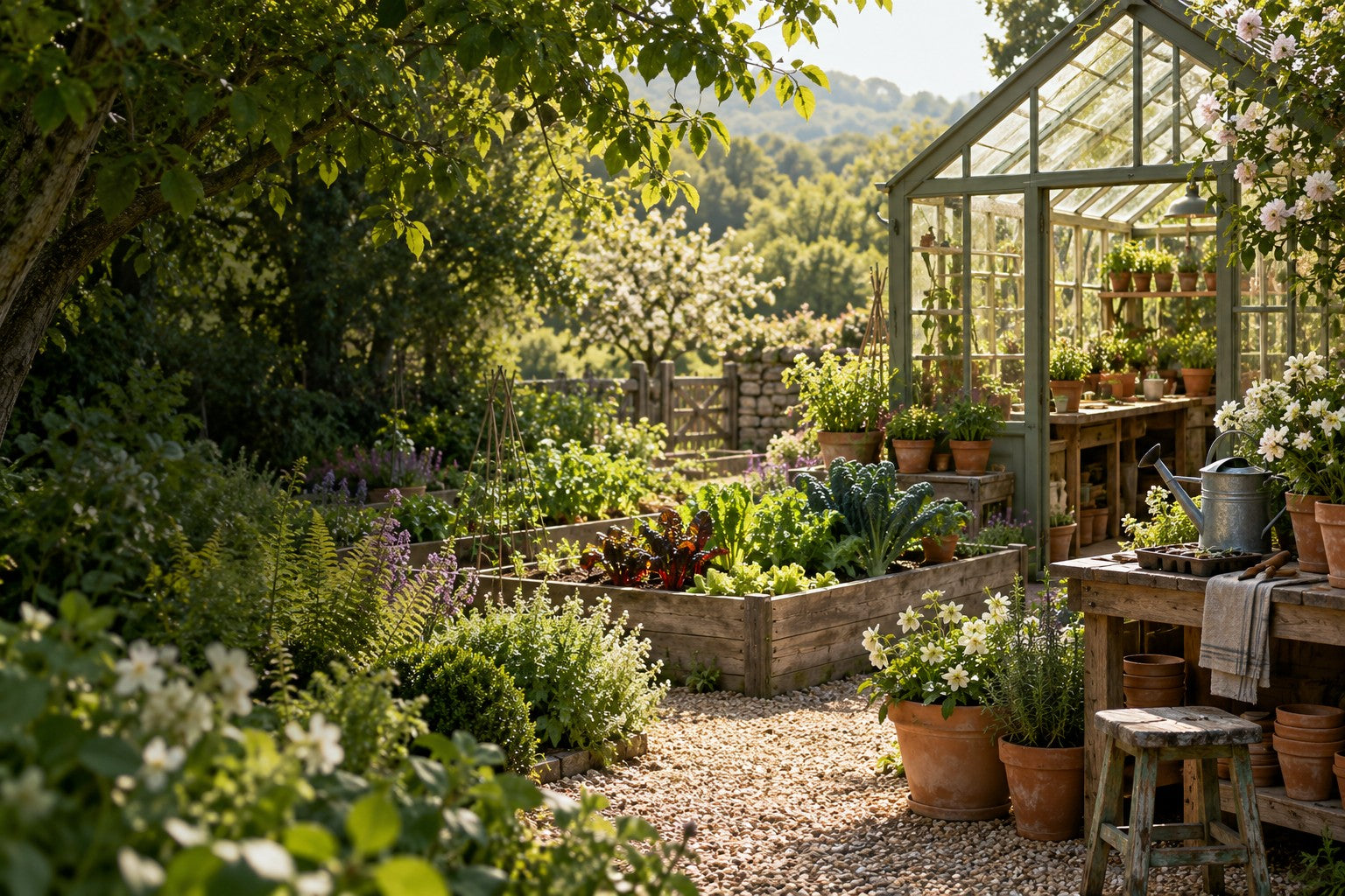 Sunlit greenhouse with raised garden beds and a potting bench